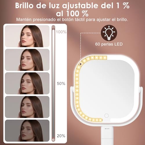 Vankarr Espejo Maquillaje con Luz, 10X/1X Aumento Doble Cara Espejo con Luz Recargable USB, Base Soporte para Móvil Portátil, 360 Giratorio 3 Colores Brillo Regulable - imagen 4