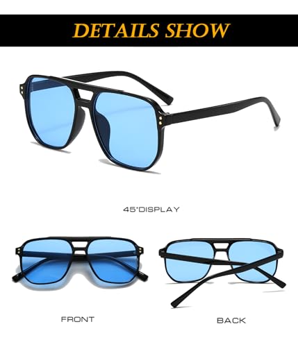 Image of EYLRIM Retro Aviator Sunglasses for Women Men Classic 70s Square Frame Sun Glasses Vintage Shades(A4 Black /Blue)