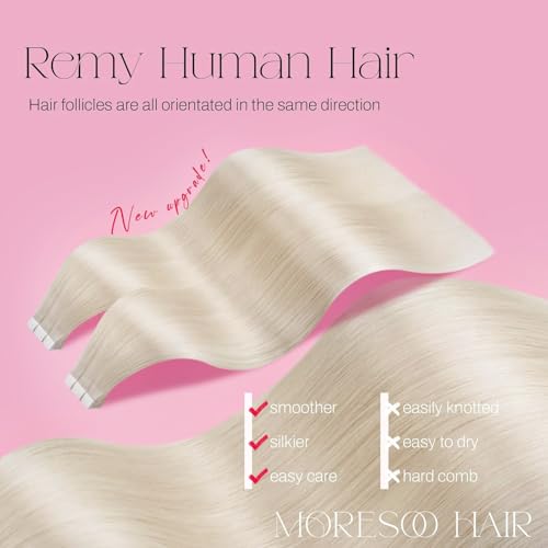 Image of Moresoo White Blonde Tape in Human Hair Extensions, 14 Inch, 20Pcs, 40g | Invisible tape in extensions, short straight hair, fine hair, lightweight daily wear, easy styling hair