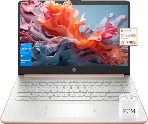 HP 14 Inch Laptop for College Students, School, Intel Celeron N4120, 8GB RAM, 192GB Storage (64GB eMMC + 128GB SD Card), Windows 11, 1 Year Office 365, HDMI, Webcam, Rose Gold, PCM