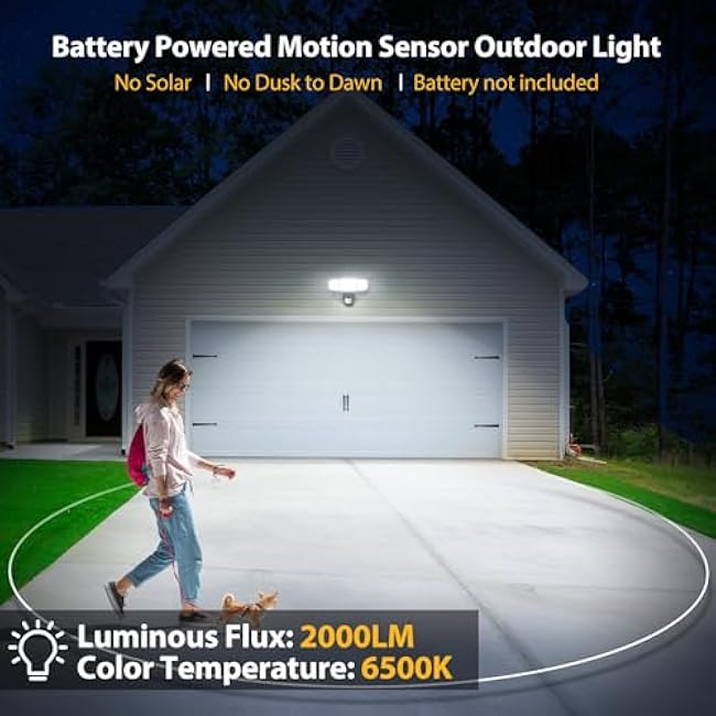 Onforu Battery Powered LED Flood Light Outdoor, 2000LM Motion Sensor Security Lights, IP65 Wireless Battery Operated Motion Detector Flood Lights with Adjustable 3 Head for Garage,Yard,Porch