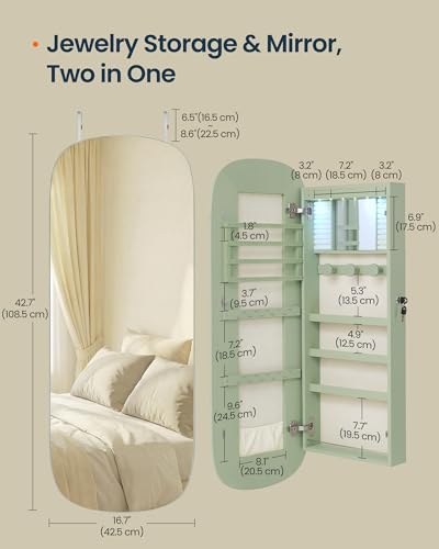 Image of SONGMICS HOME Jewelry Armoire, Mirror Jewelry Cabinet, Full Length Mirror with Storage, Wall or Over The Door Jewelry Organizer Cabinet, Built-in LED, Lockable Armoire, Green