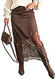 Women Lace Trim Maxi Skirts Elegant A-Line High Waisted Lace Patchwork Long Skirts Party Boho Skirt Brown