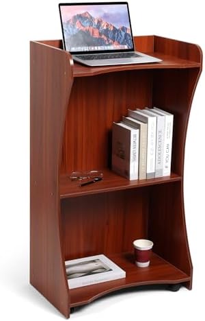 MOOFI Wooden Podium Stand With Wheels & Storage – Lectern For Church, Classroom, Presentations, Brown/Grey