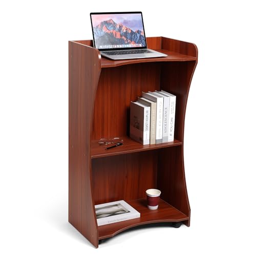 Podium Stand with Wheels, Wooden Versatile Reddish Brown Lectern for Classroom, Church Pulpits, Reception Desks, Lectures, Cash Registers (23\" W x 41\" H)
