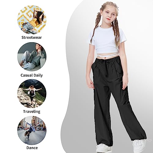 Image of Rolanko Parachute Pants for Girls Y2K Cargo Trousers with Pockets Harajuku Jogger Pants Kids 4-14 Years