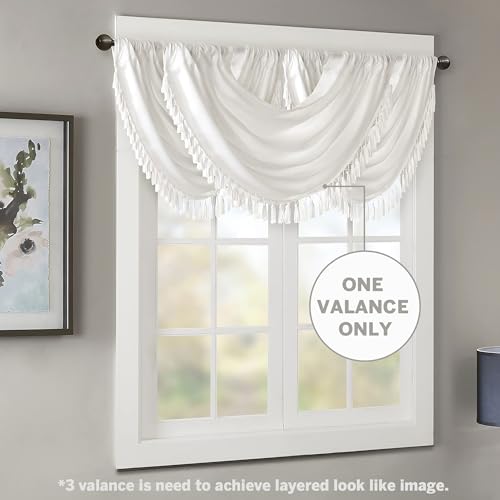 Madison Park Elena Waterfall Embellished Rod Pocket Valance , Faux Silk Valances for Window , 38X46\" , White - Thumbnail 2