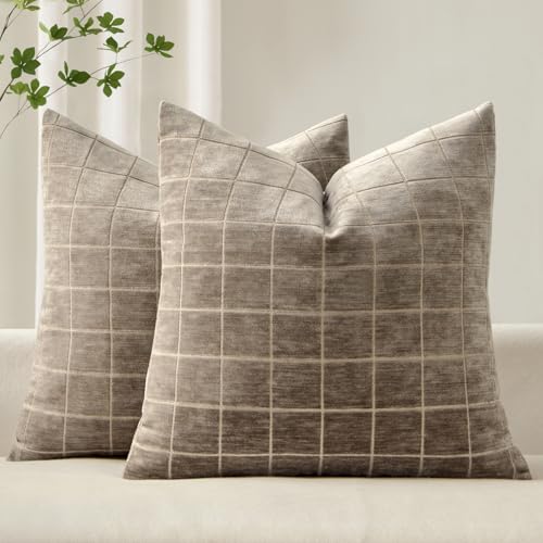 MIULEE Decorative Chenille Check Throw Pillow Covers Vintage Plaid Couch Pillows 18×18 Inch Set of 2 Neutral Boho Farmhouse Cushion Covers Modern Home Decor for Sofa Bed Living Room Taupe Grey
