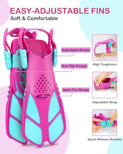 Set de snorkel para niños con máscara panorámica, snorkel seco, aletas ajustables, bolsa de malla y tapones para los oídos para edades 6-14 miniatura 5