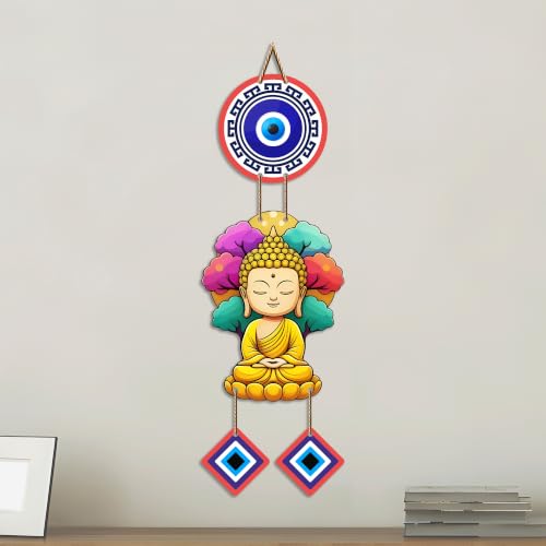 Image of Artvibes Buddha Serenity Wall Hanging with Evil Eye Protection Charms | Spiritual Decorative Hanging for Meditation | Yoga and Prayer Rooms | Wooden Home Decor Accent for Living Room (WH 85100N)
