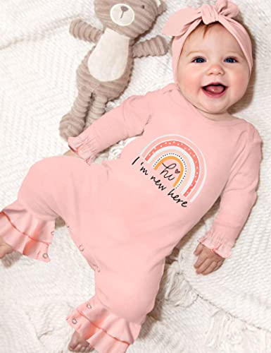 Agapeng Baby Girl Clothes Newborn Girl Clothes Hi I'm New Here Romper Ruffle Rainbow Onesie Flare Bell Bottom Jumpsuit Fall Winter Outfits Newborn Girl Outfits Pink With Headband Hat #TOP2