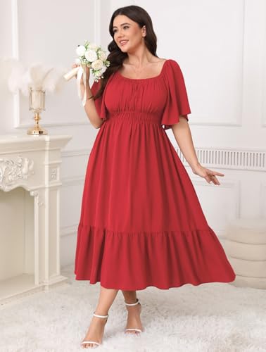 Image of CICIDUDU Plus Size Smocked Maxi Dresses for Curvy Women Square Neck Flowy Casual Summer Wedding Guest Dress