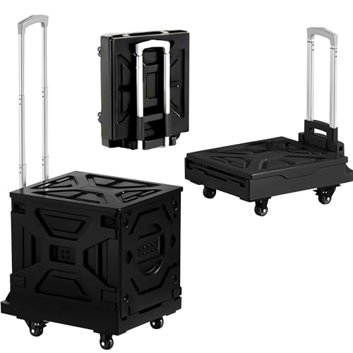 VECELO Foldable Utility Cart with Wheels - Heavy Duty Collapsible Rolling Cart for Shopping, Travel, Office & Home - Portable Luggage Cart with Telescoping Handle, Black
