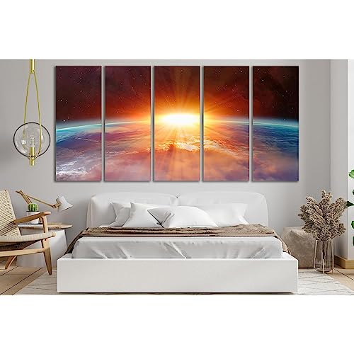 Cuadro de planeta tierra para salón moderno lienzo de 5 paneles con puesta de sol №SL431