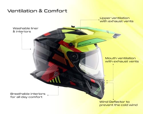 Image of Axor X-Cross Gambling ISI ECE and DOT Certified Premium Off-Road Full Face Helmet with Pinlock Fitted Dual Visors and Stylish Peak-Black Neon Yellow-L