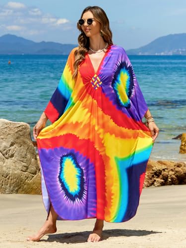 Image of IMAGEKOPE Women's Plus Size Animal Print V-Neck Batwing Kaftan Beach Dress Bathing Suit Cover-Up Loungewear
