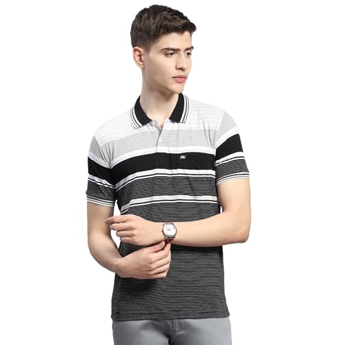 Image of Monte Carlo Mens Striped Cotton Blend Polo Collar Half Sleeve Regular Fit Casual T-Shirt (224064130)
