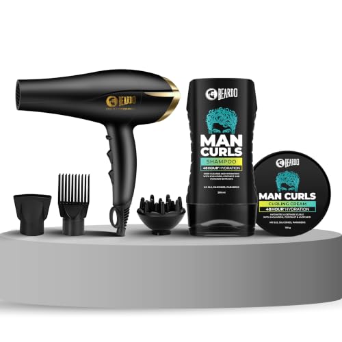 Image of Beardo Man Curls Styling & Care Combo: Tornado Hair Dryer, Man Curls Shampoo (200ml) & Curling Cream (100g) for Defined, Frizz-Free Curls - Professional Hair Styling Kit for Men (Set of 3)