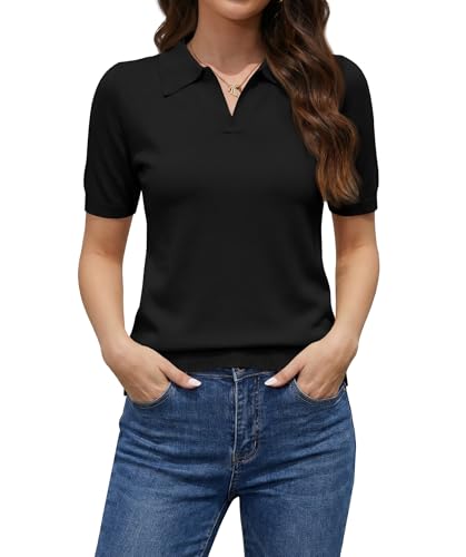 Neineiwu Women's Short Sleeve Sweater V Neck Knit Tops Black