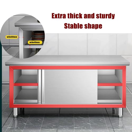 Banco da lavoro rimovibile a doppia porta scorrevole in acciaio inox, 80 cm, resistente, con ripiani portaoggetti, capacità di carico 50 kg, facile da montare, ideale per uso domestico e ristorante
