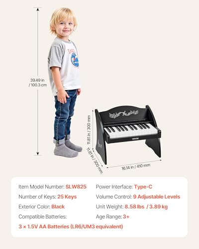 VEVOR Kinder Keyboard, 25 Tasten, Digitales Holzpiano, Holzklavier ab 3 Jahren, Mini-Musikinstrument mit Realistischem Klang, Dual-Power, Einstellbare Lautstärke, Musikalische Früherziehung, Schwarz