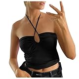 YUSHULINF Leibchen Damen Festliche Hemdbluse Spaghettiträger Kurzer Klassische Schlichtes Neckholde Leibchen Mädchen Tailliert Ärmellos Sport Cool Dünne Schwarz