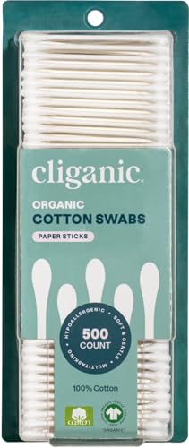 cliganic organic cotton swabs 500 count - 100 pure natural cotton chlorine-free hypoallergenic soft gentle amp absorbent buds