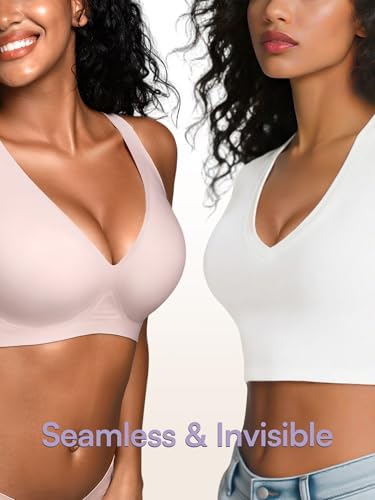 Image of Wireless Bras for Small Breasted Women - S-L Deep-V Jelly Seamless Bralette, Comfortable Padded T-Shirt Bra No Underwire Pink L