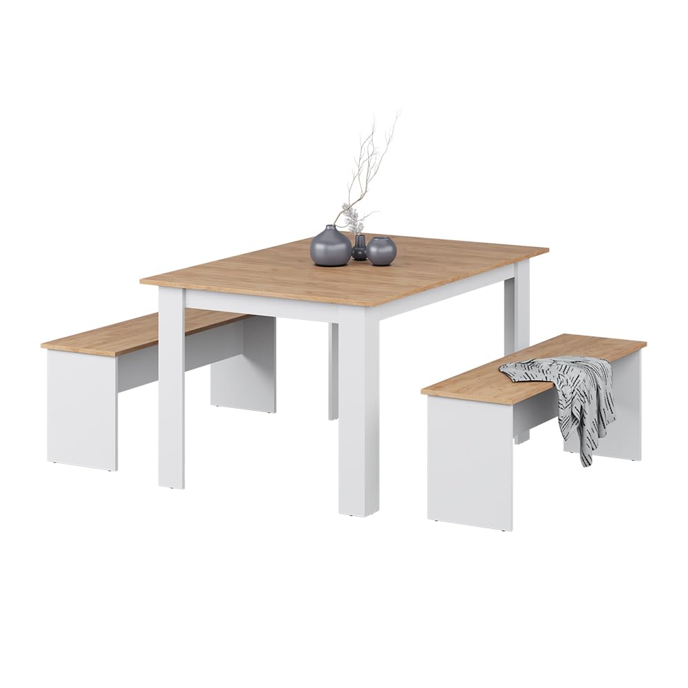 Vicco Set di panche Sentio, Rovere bianco/dorato, 137.6 x 92.8 cm con 2 panche, per un utilizzo salvaspazio in sala da pranzo e cucina