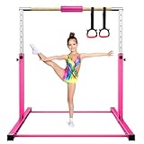 Tepemccu Gymnastics Bar, 3.1' to 5.1' Height Adjustable Horizontal Bar, Gymnastics Kip Training Bar for Kids Ages 3-15 (Pink)