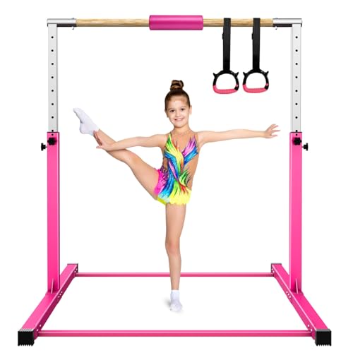 Tepemccu Gymnastics Bar, 3.1' to 5.1' Height Adjustable Horizontal Bar, Gymnastics Kip Training Bar for Kids Ages 3-15 (Pink)