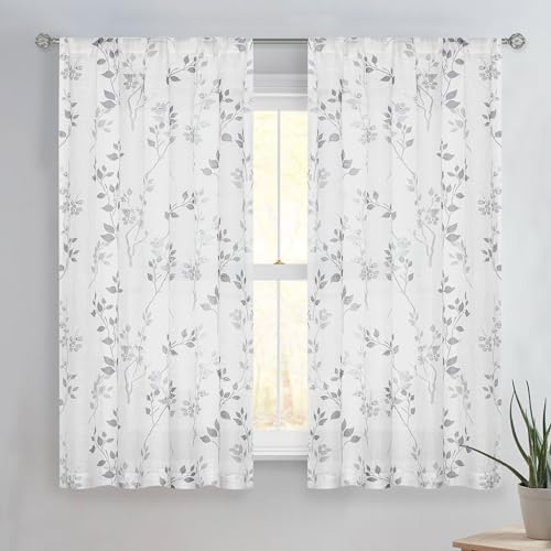 Image of Beauoop Floral Linen Semi Sheer Curtains Living Room Grey 50x63 2 Panels