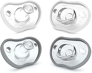 Nanobebe Baby Soothers 3+ Month - Orthodontic, Curves Comfortably with Face Contour, Award Winning for Breastfeeding Babies, 100% Silicone - BPA Free. Perfect Baby Gift 4pk, Grey and white