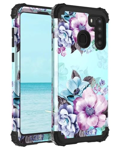 Casetego for Galaxy A21 Case,Three Layer Heavy Duty Sturdy Shockproof Protection Full Rugged Hard PC+Soft TPU Bumper Protective Girls Case for Samsung Galaxy A21,Blue Flower