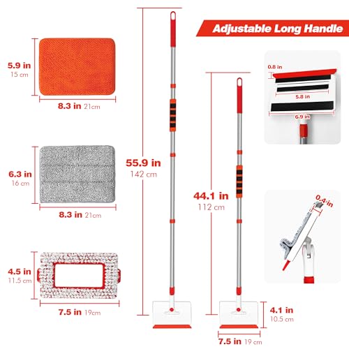 JEHONN Baseboard Cleaner Tool with Handle, 56 inches Base Boards Cleaning Mop Scrubber, 1 Stiff Bristles Brush, 2 Chenille and 2 Microfiber Pads, Wall Duster for Floorboard Ceiling Window Tile - Thumbnail 6