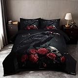 Jolusere Black Crow Red Rose Skull Duvet Cover Queen Halloween Gothic Roses Skeleton Bedding Set Holiday Decoration Bedding Black Floral Bird Duvet Cover Set, Soft Microfiber,