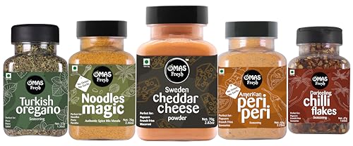Image of Omas Fresh Multi Seasoning Jain (No Garlic No Onion) Combo | Cheddar Cheese Powder 70g, Jain Peri Peri Masala 65g, Magic Noodles Masala 70g, Oregano Flakes 37g And Chilli Flakes 47g For Pizza, Soup, Popcorn And More Delicious Dishes | Zero added Colours, Fillers, Additives & Preservatives (Pack Of 5)