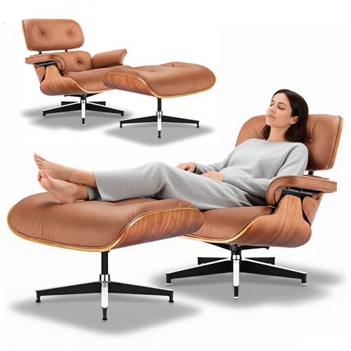 Asukale Leder Relaxsessel mit Hocker, Moderner Sessel Wohnzimmer Fernsehsessel, Drehbarer Chaiselongue mit Ottomane, Fester Neigungswinkel von 105°, mit Gepolstertem Kissen, Braun