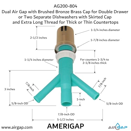 Image of Dual Air Gap with Brushed Bronze Brass Cap for Double Drawer or Two Separate Dishwashers with Skirted Cap and Extra Long Thread for Thick or Thin Countertops (AG200-804, AG200-X04, AMERIGAP)