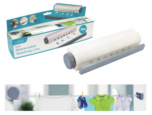 Ashley Housewares BB-RA228 14m Retractable Washing Line Wall Mounted for Indoor and Outdoor Compact 4 Lines - White
