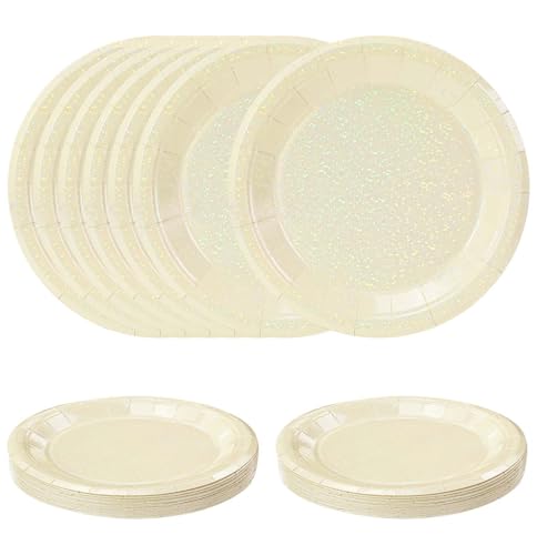 SietDESEO 50 PCS Iridescent Ivory Paper Plates 7 Inch Dessert Plates Holographic Ivory Disposable Plate for Birthday Party Dinner Wedding Baby Shower Glitter Cake Plate
