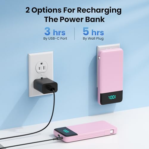 Image of Portable Charger Power Bank for iPhone with Built-in Cables and AC Wall Plug, 13800mAh Ultra Slim Travel Essentials,USB C Fast Charging External Battery Pack for iPhone 17 /16 /13,Galaxy,Android-Pink