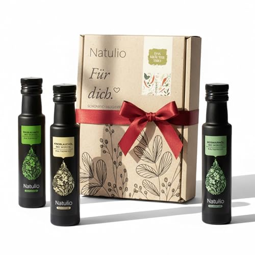 Natulio Geschenkset Bio Kräuter Trio kaltgepresst - Geschenkidee - das perfekte Weihnachts-Geschenk für alle Feinschmecker - Geschenkset aus Basilikumöl, Knoblauchöl & Rosmarinöl - 3x100ml -DE-ÖKO-006