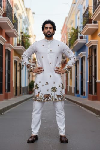 Image of Trustous Men's White Printed Kurta | Stylish Ethnic Wear Kurta for Men | Regular Fit Traditional Kurta | Festive, Wedding, Party & Casual Wear