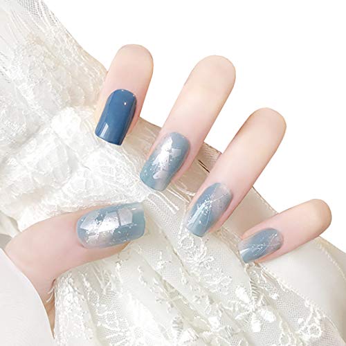 Sethexy Squsre Blue False Nails Bling Glossy White Fake Nails 24Pcs Medium Full Cover Acrylic Art Nail Tips For Women and Girls