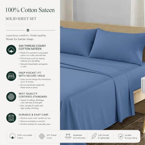 Image of Feather & Stitch 500 TC Twin Size 3pc Damask Bed Sheet Set, 100% Soft Cotton Breathable Bedsheets, 18 inch Deep Pockets Sateen Weave Solid Bedding Mattress Resort Hotel Luxury Decor - (Mist Blue)