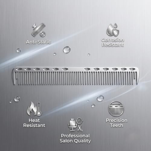 Image of Professional Metal Hair Comb | Stainless Steel, Heat Resistant & Anti-Static | Smooth Detangling & Precision Cutting | Barber Salon Quality (Long Precision Comb)