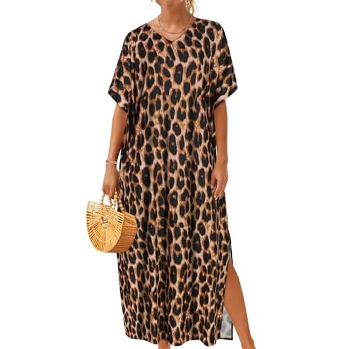 CHICGAL Kaftan Dresses for Women Oversized Long Batwing Sleeve Caftan V Neck Beach Cover Ups Summer Maxi Dress One Size Leopard Print