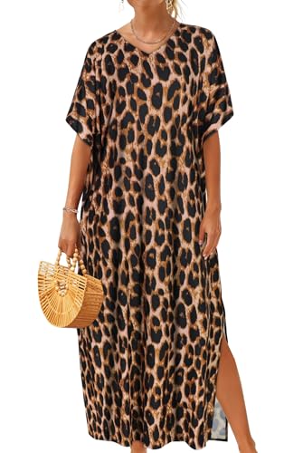 CHICGAL Kaftan Dresses for Women Oversized Long Batwing Sleeve Caftan V Neck Beach Cover Ups Summer Maxi Dress 2026 (Leopard Print One Size)