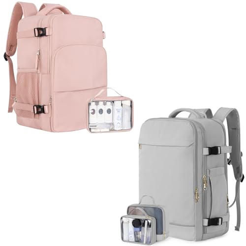 Backpack (Pink & Gray), Flight Approved Personal Item Travel Backpack, Carry On Backpack with Multi-Pockets, College Bag, Hiking Waterproof Backpack, Business Backpack with USB Charging Port